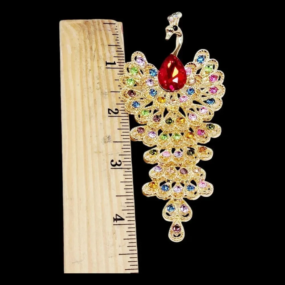 Beautifull Large Gold‎ Peacock With Multi-Colored Rhinestones Brooch Pin Pendant